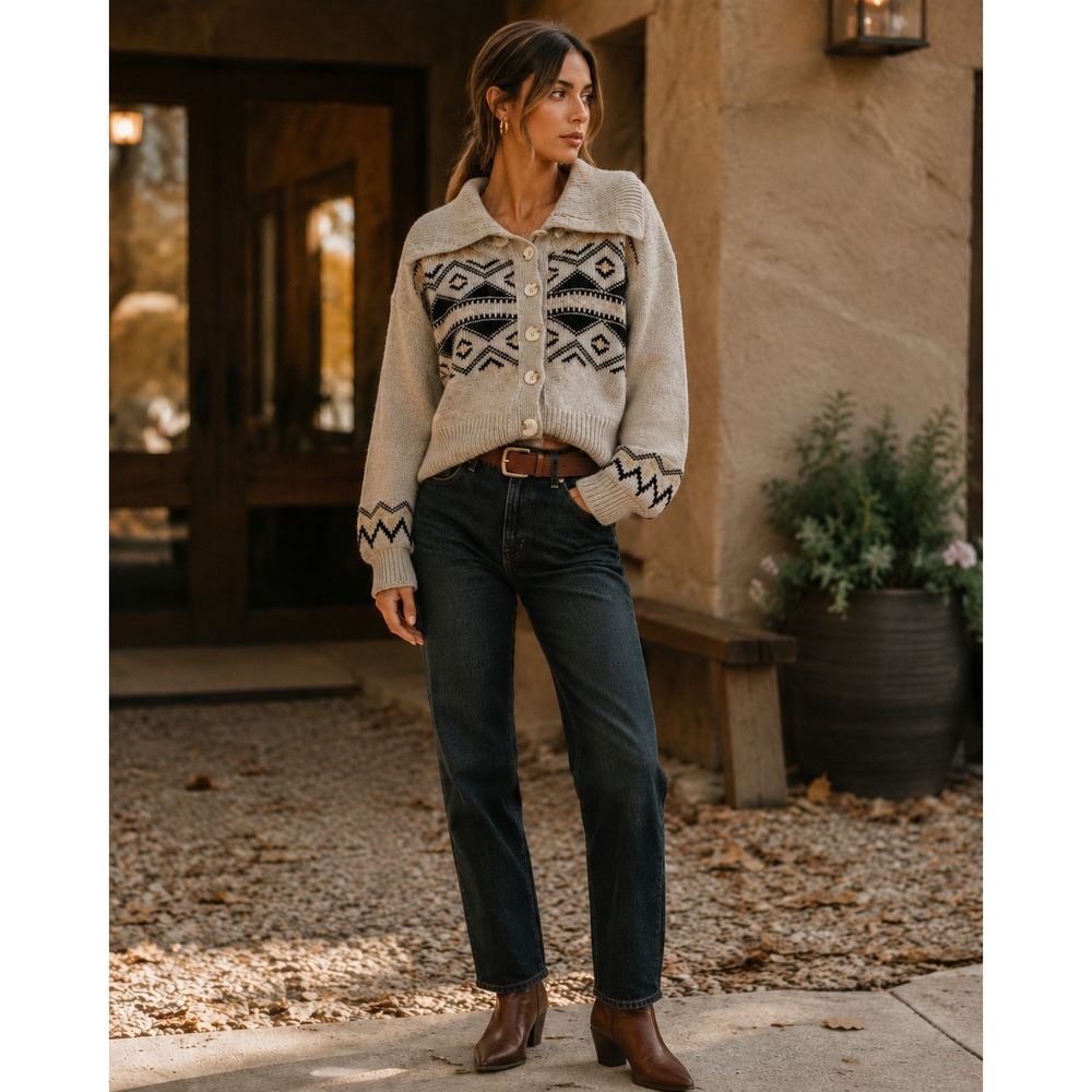 Who What Wear Fair Isle Geometric Funnel Neck Button Cardigan Sweater Beige XXL